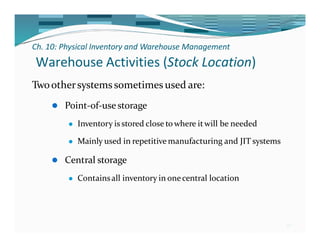Ch. 10: Physical Inventory and Warehouse Management
20
Warehouse Activities (Stock Location)
Twoothersystems sometimes used are:
⚫ Point-of-use storage
⚫ Inventory is stored close to where itwill be needed
⚫ Mainly used in repetitive manufacturing and JIT systems
⚫ Central storage
⚫ Containsall inventory in onecentral location
 
