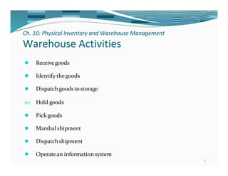 Ch. 10: Physical Inventory and Warehouse Management
Warehouse Activities
7
⚫ Receivegoods
⚫ Identifythegoods
⚫ Dispatch goods tostorage
 Hold goods
⚫ Pick goods
⚫ Marshal shipment
⚫ Dispatchshipment
⚫ Operatean informationsystem
 