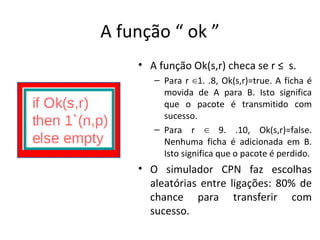 A função “ ok ” A função Ok(s,r) checa se r ≤  s. Para r ∈1. .8, Ok(s,r)=true. A ficha é movida de A para B. Isto significa que o pacote é transmitido com sucesso. Para r ∈ 9. .10, Ok(s,r)=false. Nenhuma ficha é adicionada em B. Isto significa que o pacote é perdido. O simulador CPN faz escolhas aleatórias entre ligações: 80% de chance para transferir com sucesso. 