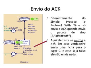 Envio do ACK Diferentemente do Simple Protocol o Protocol With Time só envia o ACK quando envia o pacote de stop (8,“########") . Aqui ele testa se  p=stop  e  n<k.  Em caso verdadeiro envia uma ficha para o lugar C. e caso seja falso ele não envia nada. 