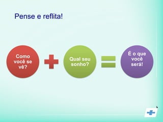 Como
você se
vê?
Qual seu
sonho?
É o que
você
será!
Pense e reflita!
 