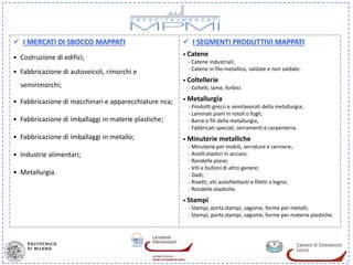  I MERCATI DI SBOCCO MAPPATI                           I SEGMENTI PRODUTTIVI MAPPATI
                                                       • Catene
• Costruzione di edifici;
                                                         - Catene industriali;
                                                         - Catene in filo metallico, saldate e non saldate.
• Fabbricazione di autoveicoli, rimorchi e
                                                       • Coltellerie
__semirimorchi;                                          - Coltelli, lame, forbici.

• Fabbricazione di macchinari e apparecchiature nca;   • Metallurgia
                                                         - Prodotti grezzi e semilavorati della metallurgia;
                                                         - Laminati piani in rotoli o fogli;
• Fabbricazione di imballaggi in materie plastiche;      - Barre e fili della metallurgia;
                                                         - Fabbricati speciali, serramenti e carpenteria.
• Fabbricazione di imballaggi in metallo;              • Minuterie metalliche
                                                         - Minuterie per mobili, serrature e cerniere;
• Industrie alimentari;                                  - Anelli elastici in acciaio;
                                                         - Rondelle piane;
                                                         - Viti e bulloni di altro genere;
• Metallurgia.                                           - Dadi;
                                                         - Rivetti, viti autofilettanti e filetti a legno;
                                                         - Rondelle elastiche.
                                                       • Stampi
                                                         - Stampi, porta stampi, sagome, forme per metalli;
                                                         - Stampi, porta stampi, sagome, forme per materie plastiche.
 