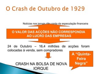 Notícias nos jornais dão conta da especulação financeira


  O VALOR DAS ACÇÕES NÃO CORRESPONDIA
         AO LUCRO DAS EMPRESAS


24 de Outubro – 16,4 milhões de acções foram
colocadas à venda, sem compradores
                                                 A “Quinta-
                                                    Feira
    CRASH NA BOLSA DE NOVA                        Negra”
           IORQUE
 