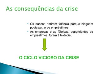    Os bancos abriram falência porque ninguém
       podia pagar os empréstimos
      As empresas e as fábricas, dependentes de
       empréstimos, foram à falência




O CICLO VICIOSO DA CRISE
 