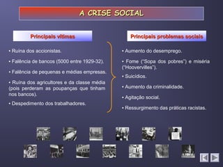 A CRISE SOCIAL


         Principais vítimas                      Principais problemas sociais

▪ Ruína dos accionistas.                     ▪ Aumento do desemprego.

▪ Falência de bancos (5000 entre 1929-32).   ▪ Fome (“Sopa dos pobres”) e miséria
                                             (“Hoovervilles”).
▪ Falência de pequenas e médias empresas.
                                             ▪ Suicídios.
▪ Ruína dos agricultores e da classe média
(pois perderam as poupanças que tinham       ▪ Aumento da criminalidade.
nos bancos).
                                             ▪ Agitação social.
▪ Despedimento dos trabalhadores.
                                             ▪ Ressurgimento das práticas racistas.
 