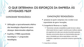 O QUE DETERMINA OS ESFORÇOS DA EMPRESA ÀS
ATIVIDADES P&D?
CAPACIDADE TECNOLÓGICA
• Utilização e aproveitamento efetivo
das tecnologias disponíveis para
alcançar determinados objetivos.
• kaplinky (1988) capacidade
tecnológica -> progressão
tecnológica.
CAPACITAÇÃO TECNOLÓGICA
• processo no qual a empresa cria e evolui a sua
capacidade de gerar inovações.
• A engenharia Reversa e o Japão.
• “Desmontar veículos competidores pode fornecer valiosa
informação técnica e sugerir maneiras para melhorar planos
de engenharia de valor para veículos da próxima geração.
Veículos concorrentes devem ser desmontados peça por
peça e estudados por vários especialistas, entre eles
projetistas, engenheiros, pessoal de compras e gerentes de
custo”
• A importância do Estado.
 