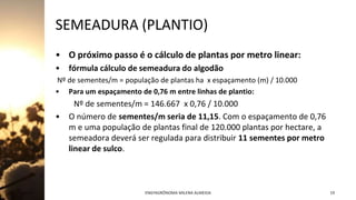 SEMEADURA (PLANTIO)
• O próximo passo é o cálculo de plantas por metro linear:
• fórmula cálculo de semeadura do algodão
Nº de sementes/m = população de plantas ha x espaçamento (m) / 10.000
• Para um espaçamento de 0,76 m entre linhas de plantio:
Nº de sementes/m = 146.667 x 0,76 / 10.000
• O número de sementes/m seria de 11,15. Com o espaçamento de 0,76
m e uma população de plantas final de 120.000 plantas por hectare, a
semeadora deverá ser regulada para distribuir 11 sementes por metro
linear de sulco.
Jan-23 ENGªAGRÔNOMA MILENA ALMEIDA 19
 