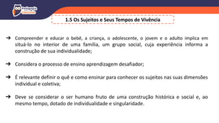 ➔ Compreender e educar o bebê, a criança, o adolescente, o jovem e o adulto implica em
situá-lo no interior de uma família, um grupo social, cuja experiência informa a
construção de sua individualidade;
➔ Considera o processo de ensino aprendizagem desafiador;
➔ É relevante definir o quê e como ensinar para conhecer os sujeitos nas suas dimensões
individual e coletiva;
➔ Deve se considerar o ser humano fruto de uma construção histórica e social e, ao
mesmo tempo, dotado de individualidade e singularidade.
1.5 Os Sujeitos e Seus Tempos de Vivência
 