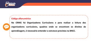 Código alfanumérico
No CRMG há Organizadores Curriculares e para realizar a leitura dos
organizadores curriculares, quadros onde se encontram os direitos de
aprendizagem, é necessário entender a estrutura previstas na BNCC.
 