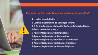 Estrutura do Currículo Referência de Minas Gerais -CRMG
1-Textos introdutórios
2-Currículo Referência da Educação Infantil
3-O Ensino Fundamental no Contexto da Educação Básica
4-Áreas do Conhecimento
5-Apresentação da Área: Linguagens
6-Apresentação da Área: Matemática
7-Apresentação da Área: Ciências da Natureza
8-Apresentação da Área: Ciências Humanas
9-Apresentação da Área: Ensino Religioso
 