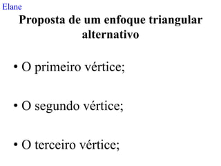 Elane
    Proposta de um enfoque triangular
               alternativo

  • O primeiro vértice;

  • O segundo vértice;

  • O terceiro vértice;
 