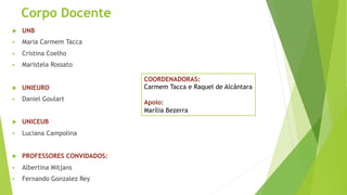 Corpo Docente 
u UNB 
§ Maria Carmem Tacca 
§ Cristina Coelho 
§ Maristela Rossato 
u UNIEURO 
§ Daniel Goulart 
u UNICEUB 
§ Luciana Campolina 
u PROFESSORES CONVIDADOS: 
§ Albertina Mitjans 
§ Fernando Gonzalez Rey 
COORDENADORAS: 
Carmem Tacca e Raquel de Alcântara 
Apoio: 
Marília Bezerra 
 