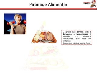 Pirâmide Alimentar O  grupo das carnes, leite e derivados e leguminosas  é formado por alimentos construtores. São ricos em proteínas. Alguns têm cálcio e outros, ferro. 