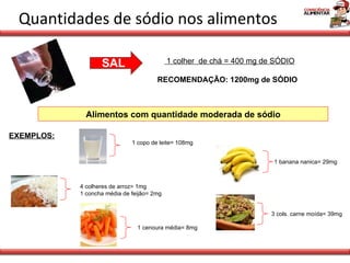 Quantidades de sódio nos alimentos 1 colher  de chá = 400 mg de SÓDIO RECOMENDAÇÃO: 1200mg de SÓDIO  Alimentos com quantidade moderada de sódio EXEMPLOS: 1 copo de leite= 108mg 4 colheres de arroz= 1mg 1 concha média de feijão= 2mg 1 banana nanica= 29mg 1 cenoura média= 8mg 3 cols. carne moída= 39mg SAL 