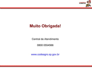 Muito Obrigada! Central de Atendimento 0800 0554566 www.codeagro.sp.gov.br 