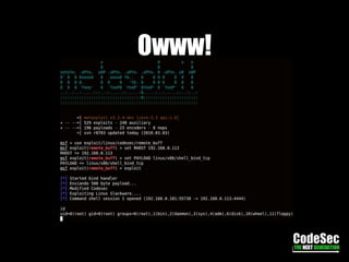 Exploiting LinuxExploit: Remote Buffer Overflow(remote_buff).Descrição:Iremos explorar uma simples falha de buffer overflow e vamos adicionar o script exploit no Metasploit. Buffer Overflow acontece quando o tamanho de um buffer ultrapassa sua capacidade máxima de armazenamento, ou seja, recebe mais dados do que o tamanho esperado..