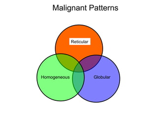Malignant Patterns



              Reticular




Homogeneous               Globular
 