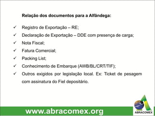 Relação dos documentos para a Alfândega:
 Registro de Exportação – RE;
 Declaração de Exportação – DDE com presença de carga;
 Nota Fiscal;
 Fatura Comercial;
 Packing List;
 Conhecimento de Embarque (AWB/BL/CRT/TIF);
 Outros exigidos por legislação local. Ex: Ticket de pesagem
com assinatura do Fiel depositário.
 