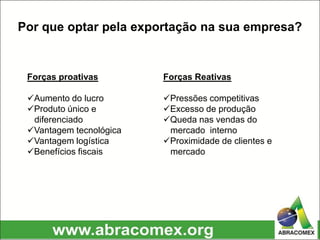 Por que optar pela exportação na sua empresa?
,
Forças proativas
Aumento do lucro
Produto único e
diferenciado
Vantagem tecnológica
Vantagem logística
Benefícios fiscais
Forças Reativas
Pressões competitivas
Excesso de produção
Queda nas vendas do
mercado interno
Proximidade de clientes e
mercado
 
