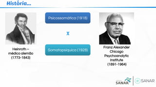 História...
Heinroth –
médico alemão
(1773-1843)
Franz Alexander
Chicago
Psychoanalytic
Institute
(1891-1964)
Psicossomática (1918)
Somatopsíquica (1928)
X
 