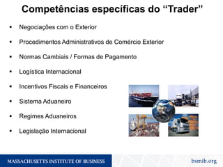 Competências específicas do “Trader”
 Negociações com o Exterior
 Procedimentos Administrativos de Comércio Exterior
 Normas Cambiais / Formas de Pagamento
 Logística Internacional
 Incentivos Fiscais e Financeiros
 Sistema Aduaneiro
 Regimes Aduaneiros
 Legislação Internacional
18
 