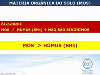 MATÉRIA ORGÂNICA DO SOLO (MOS)
ATUALMENTE
MOS  HÚMUS (SHS)  NÃO SÃO SINÔNIMOS
MOS > HÚMUS (SHS)
 
