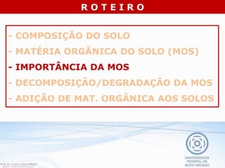 - COMPOSIÇÃO DO SOLO
- MATÉRIA ORGÂNICA DO SOLO (MOS)
- IMPORTÂNCIA DA MOS
- DECOMPOSIÇÃO/DEGRADAÇÃO DA MOS
- ADIÇÃO DE MAT. ORGÂNICA AOS SOLOS
R O T E I R O
 