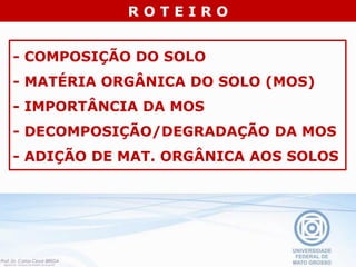- COMPOSIÇÃO DO SOLO
- MATÉRIA ORGÂNICA DO SOLO (MOS)
- IMPORTÂNCIA DA MOS
- DECOMPOSIÇÃO/DEGRADAÇÃO DA MOS
- ADIÇÃO DE MAT. ORGÂNICA AOS SOLOS
R O T E I R O
 