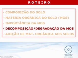 - COMPOSIÇÃO DO SOLO
- MATÉRIA ORGÂNICA DO SOLO (MOS)
- IMPORTÂNCIA DA MOS
- DECOMPOSIÇÃO/DEGRADAÇÃO DA MOS
- ADIÇÃO DE MAT. ORGÂNICA AOS SOLOS
R O T E I R O
 
