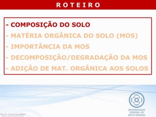 - COMPOSIÇÃO DO SOLO
- MATÉRIA ORGÂNICA DO SOLO (MOS)
- IMPORTÂNCIA DA MOS
- DECOMPOSIÇÃO/DEGRADAÇÃO DA MOS
- ADIÇÃO DE MAT. ORGÂNICA AOS SOLOS
R O T E I R O
 