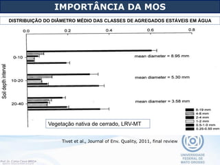 DISTRIBUIÇÃO DO DIÂMETRO MÉDIO DAS CLASSES DE AGREGADOS ESTÁVEIS EM ÁGUA
Tivet et al., Journal of Env. Quality, 2011, final review
Vegetação nativa de cerrado, LRV-MT
IMPORTÂNCIA DA MOS
 