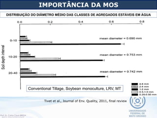 Tivet et al., Journal of Env. Quality, 2011, final review
Conventional Tillage, Soybean monoculture, LRV, MT
DISTRIBUIÇÃO DO DIÂMETRO MÉDIO DAS CLASSES DE AGREGADOS ESTÁVEIS EM ÁGUA
IMPORTÂNCIA DA MOS
 