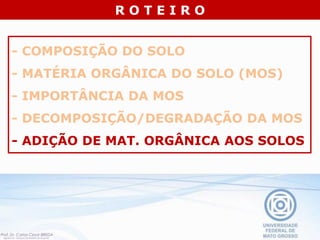 - COMPOSIÇÃO DO SOLO
- MATÉRIA ORGÂNICA DO SOLO (MOS)
- IMPORTÂNCIA DA MOS
- DECOMPOSIÇÃO/DEGRADAÇÃO DA MOS
- ADIÇÃO DE MAT. ORGÂNICA AOS SOLOS
R O T E I R O
 