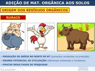 ADIÇÃO DE MAT. ORGÂNICA AOS SOLOS
ORIGEM DOS RESÍDUOS ORGÂNICOS
RURAIS
- PRODUÇÃO DE GRÃOS NO NORTE DE MT (aumentos constantes na produção)
- GRANDE POTENCIAL DE UTILIZAÇÃO (diferenças ambientais e fundiárias)
- POUCOS RESULTADOS DE PESQUISAS
 