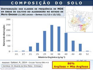 C O M P O S I Ç Ã O D O S O L O
DISTRIBUIÇÃO DAS CLASSES DE FREQUÊNCIA DE MOS
EM ÁREAS DE CULTIVO DO ALGODOEIRO NO ESTADO DE
MATO GROSSO (1.162 LOCAIS – SAFRAS 11/12 E 12/13).
Gentileza: Dr. Eduardo da Silva Matos - Embrapa
Adaptado: Galbieri, R., 2014 – Circular Técnica IMA no 8
86%
Argiloso + Mto Argiloso
 