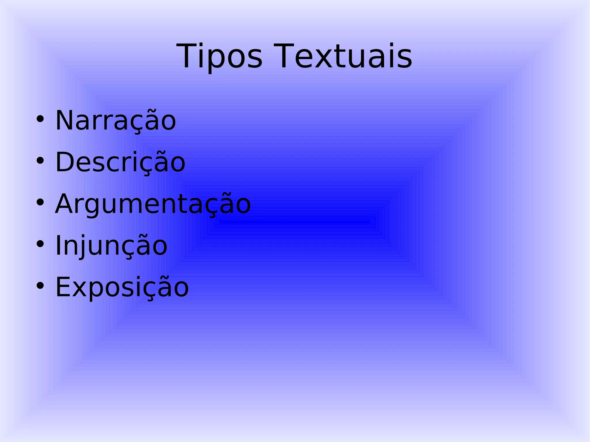 Tipos Textuais Narração Descrição Argumentação Injunção Exposição 
