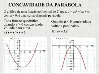 Toda função quadrática
quando a > 0 concavidade
voltada para cima.
a) y= x² - x - 6
Quando a < 0 concavidade
voltada para baixo.
b) y= - 3x²
CONCAVIDADE DA PARÁBOLA
O gráfico de uma função polinomial do 2º grau, y = ax² + bx + c,
com a ≠ 0, é uma curva chamada parábola.
 