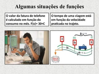 Algumas situações de funções
O valor da fatura de telefone
é calculado em função do
consumo no mês. F(x)= 30+C
O tempo de uma viagem está
em função da velocidade
praticada no trajeto.
 