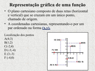 Representação gráfica de uma função
• O plano cartesiano composto de duas retas (horizontal
e vertical) que se cruzam em um único ponto,
chamado de origem.
• A coordenadas cartesianas, representando-o por um
par ordenado na forma (x,y).
Localização dos pontos
A(4;3)
B(1;2)
C(-2;4)
D (-3;-4)
E (3;-3)
F (-4;0)
 