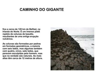 CAMINHO DO GIGANTE



fica a cerca de 120 km de Belfast, na
Irlanda do Norte. É um imenso platô
repleto de colunas de basalto,
resultantes de uma antiga erupção
vulcânica.

As colunas são formadas por pedras
em formatos geométricos, a maioria
com seis lados, mas algumas também
com quatro, cinco, sete lados, que
parecem esculpidas pelo homem, mas
que na verdade são naturais. As mais
altas têm cerca de 12 metros de altura.
 