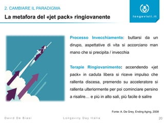 2. CAMBIARE IL PARADIGMA
20
l o n g e v i s t i . i t
L o n g e v i t y D a y I t a l i aD a v i d D e B i a s i
La metafora del «jet pack» ringiovanente
Processo Invecchiamento: buttarsi da un
dirupo, aspettative di vita si accorciano man
mano che si precipita / invecchia
Terapie Ringiovanimento: accendendo «jet
pack» in caduta libera si riceve impulso che
rallenta discesa, premendo su acceleratore si
rallenta ulteriormente per poi cominciare persino
a risalire… e più in alto sali, più facile è salire
Fonte: A. De Grey, Ending Aging, 2008
 