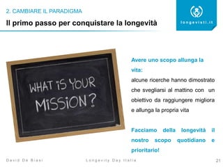 2. CAMBIARE IL PARADIGMA
21
l o n g e v i s t i . i t
L o n g e v i t y D a y I t a l i aD a v i d D e B i a s i
Il primo passo per conquistare la longevità
Avere uno scopo allunga la
vita:
alcune ricerche hanno dimostrato
che svegliarsi al mattino con un
obiettivo da raggiungere migliora
e allunga la propria vita
Facciamo della longevità il
nostro scopo quotidiano e
prioritario!
 