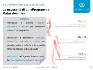 3. SCOMMETTERE SUL LONGEVISMO
28
l o n g e v i s t i . i t
L o n g e v i t y D a y I t a l i aD a v i d D e B i a s i
La necessità di un «Programma
Matusalemme»
Obiettivi:
• individuare e definire strategie
necessarie e attuabili per accelerare
«rivoluzione longevista»
• interessare e coinvolgere scienziati,
finanziatori, istituzioni e cittadini per
ricerche, azioni e politiche a favore della
longevità radicale in buona salute
• priorizzare, nell'agenda internazionale,
la longevità radicale in buona salute
 