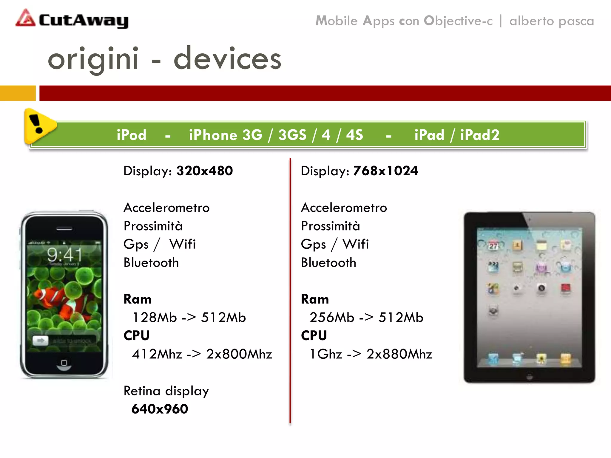 origini - devices
Mobile Apps con Objective-c | alberto pasca
Display: 320x480
Accelerometro
Prossimità
Gps / Wifi
Bluetooth
Ram
128Mb -> 512Mb
CPU
412Mhz -> 2x800Mhz
Retina display
640x960
Display: 768x1024
Accelerometro
Prossimità
Gps / Wifi
Bluetooth
Ram
256Mb -> 512Mb
CPU
1Ghz -> 2x880Mhz
iPod - iPhone 3G / 3GS / 4 / 4S - iPad / iPad2
 