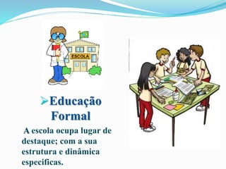 Educação
Formal
A escola ocupa lugar de
destaque; com a sua
estrutura e dinâmica
especificas.
 