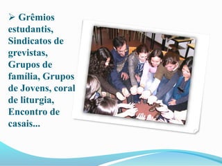  Grêmios
estudantis,
Sindicatos de
grevistas,
Grupos de
família, Grupos
de Jovens, coral
de liturgia,
Encontro de
casais...
 