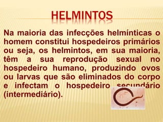 HELMINTOS
Na maioria das infecções helmínticas o
homem constitui hospedeiros primários
ou seja, os helmintos, em sua maioria,
têm a sua reprodução sexual no
hospedeiro humano, produzindo ovos
ou larvas que são eliminados do corpo
e infectam o hospedeiro secundário
(intermediário).
 