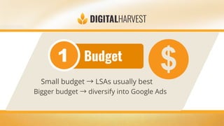 Budget
Small budget →LSAs usually best
Bigger budget →diversify into Google Ads
 