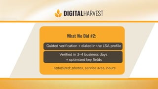 What We Did #2:
Guided verification + dialed in the LSA profile
Verified in 3–4 business days
+ optimized key fields
optimized: photos, service area, hours
 