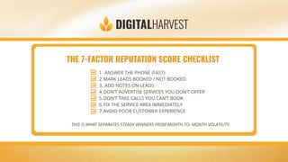 THE 7-FACTOR REPUTATION SCORE CHECKLIST
THIS IS WHAT SEPARATES STEADY WINNERS FROM MONTH-TO- MONTH VOLATILITY.
1. ANSWER THE PHONE (FAST)
2.MARK LEADS BOOKED / NOT BOOKED
3. ADD NOTES ON LEADS
4.DON’T ADVERTISE SERVICES YOU DON’T OFFER
5.DON’T TAKE CALLS YOU CAN’T BOOK
6.FIX THE SERVICE AREA IMMEDIATELY
7.AVOID POOR CUSTOMER EXPERIENCE
 
